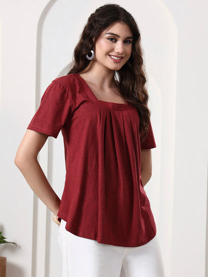 Women Solid Scoop Neck Gathered Top