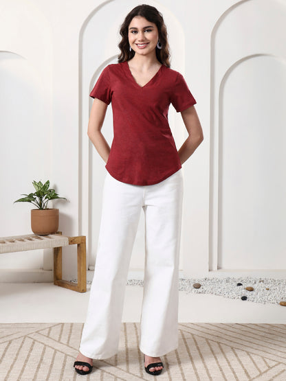 BRINNS Women Solid V-Neck Pure Cotton T-shirt
