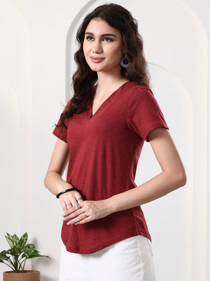 BRINNS Women Solid V-Neck Pure Cotton T-shirt