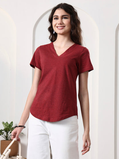 BRINNS Women Solid V-Neck Pure Cotton T-shirt