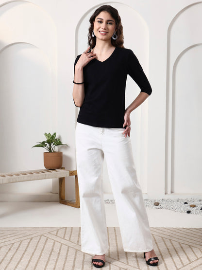 Women Solid V-Neck Cotton Top