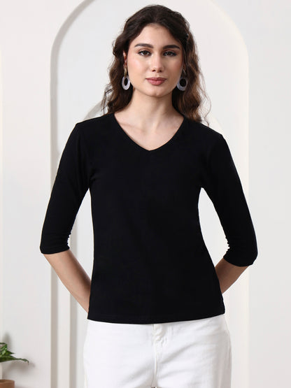Women Solid V-Neck Cotton Top