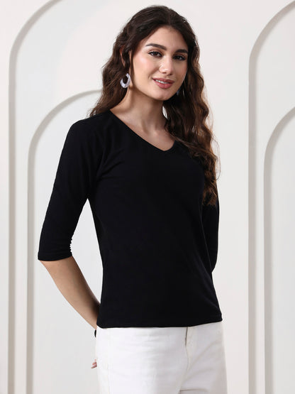 Women Solid V-Neck Cotton Top