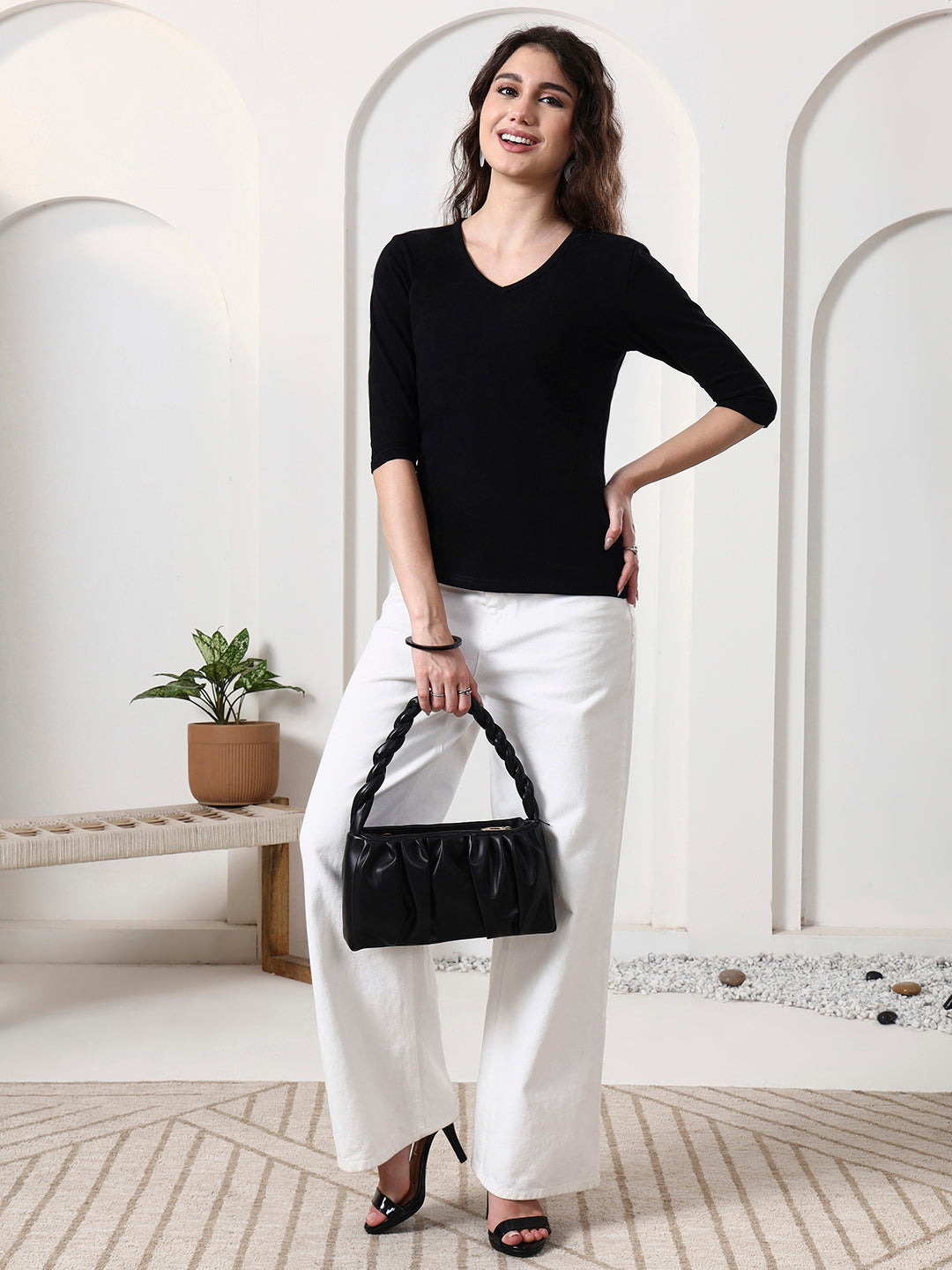 Women Solid V-Neck Cotton Top