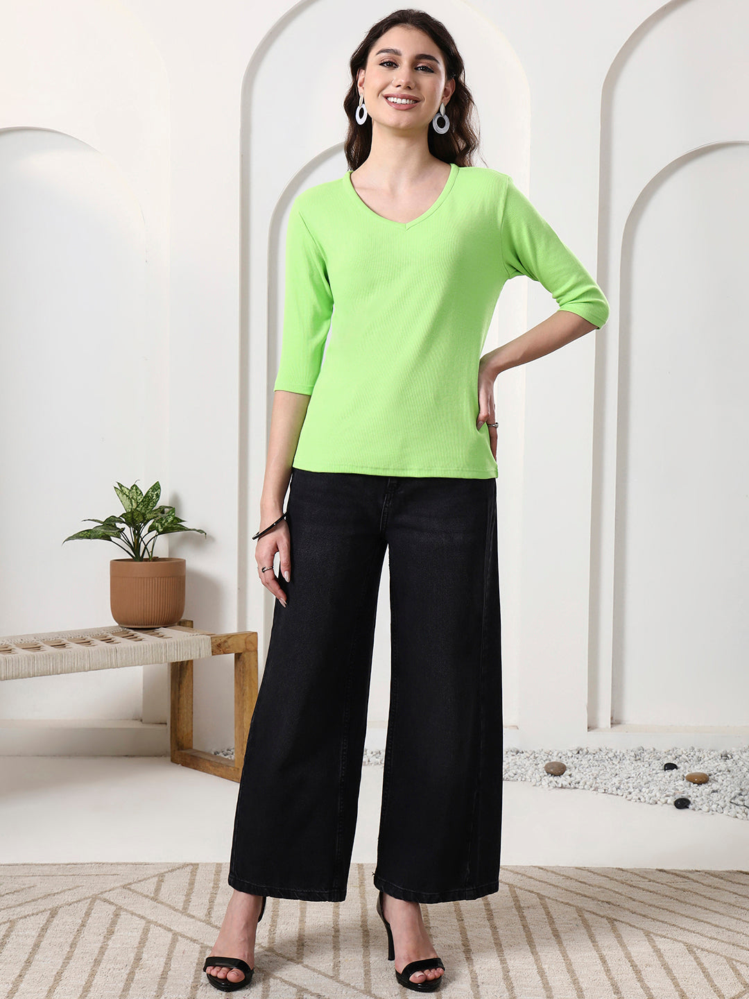 Women Solid V-Neck Cotton Top