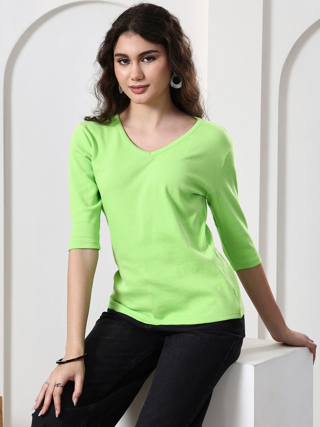 Women Solid V-Neck Cotton Top