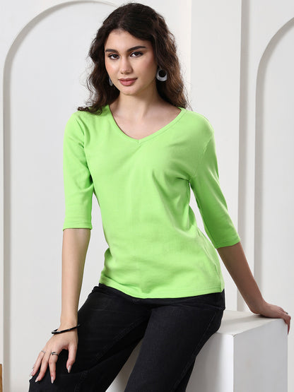 Women Solid V-Neck Cotton Top