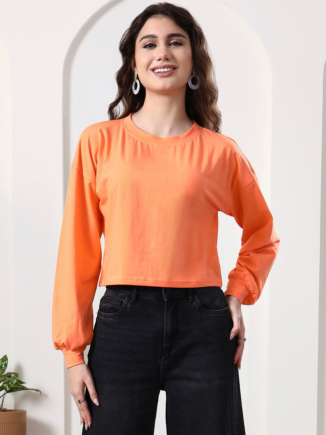 Women Drop-Shoulder Balloon Sleeve Crop Top