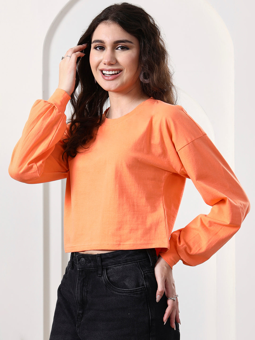 Women Drop-Shoulder Balloon Sleeve Crop Top
