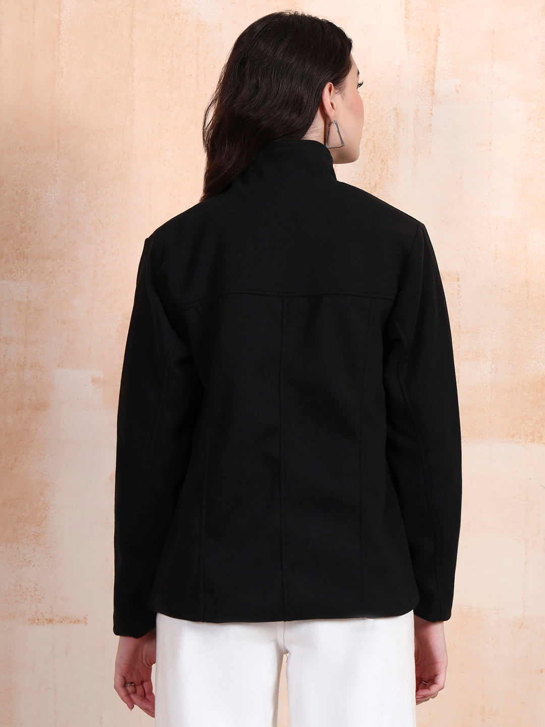 Solid Woven Tailored Jacket with Spread Collar and Pockets
