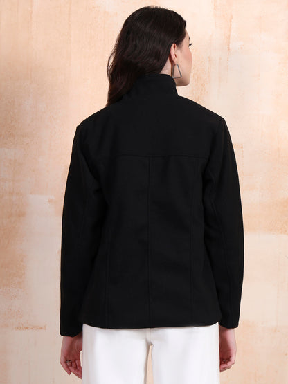 Solid Woven Tailored Jacket with Spread Collar and Pockets