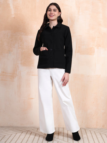Solid Woven Tailored Jacket with Spread Collar and Pockets