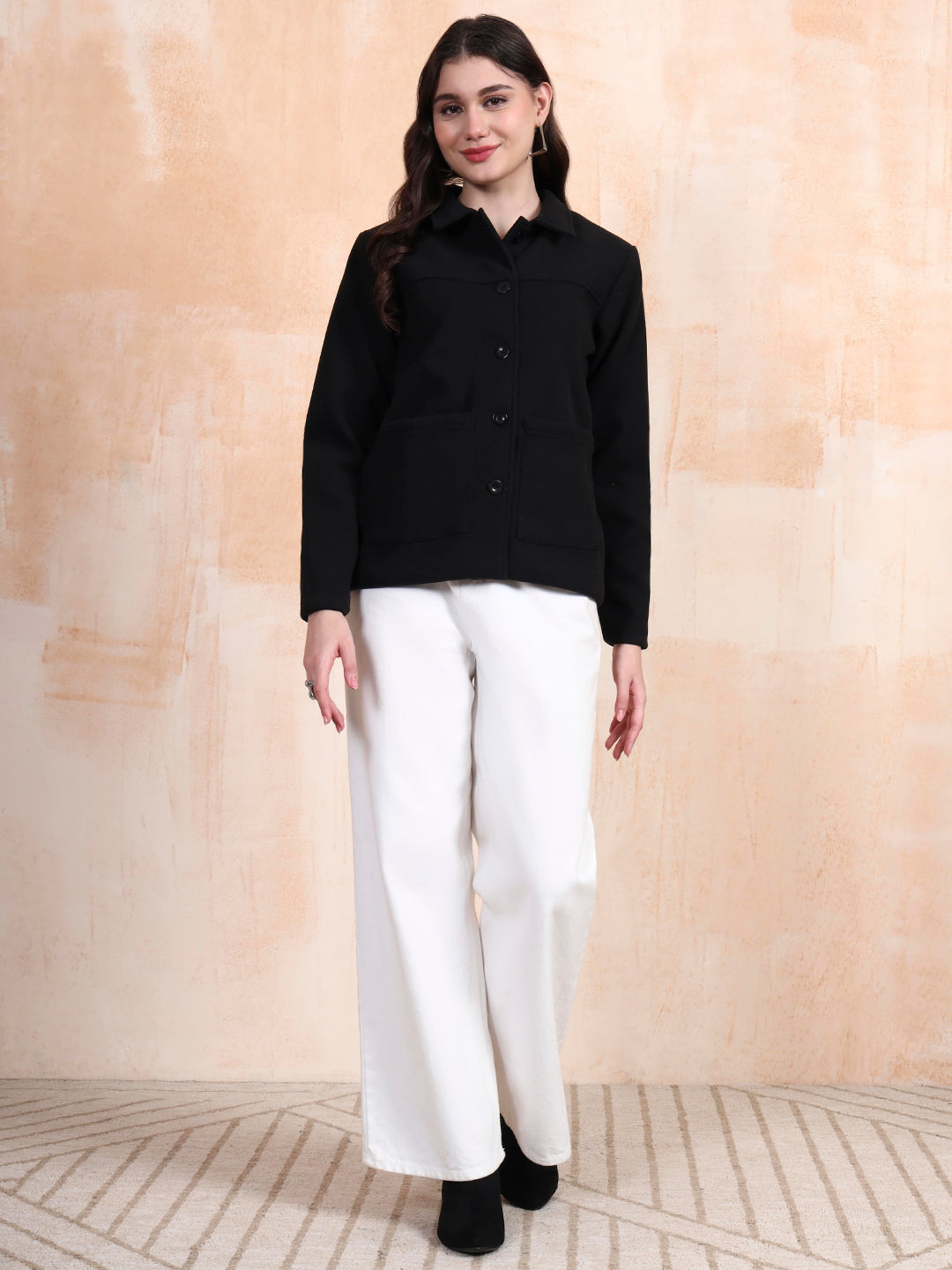 Solid Woven Tailored Jacket with Spread Collar and Pockets
