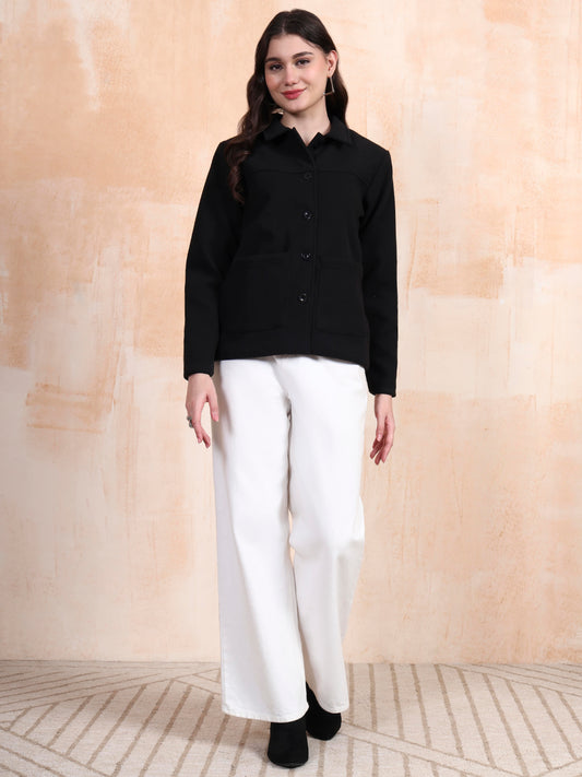 Solid Woven Tailored Jacket with Spread Collar and Pockets