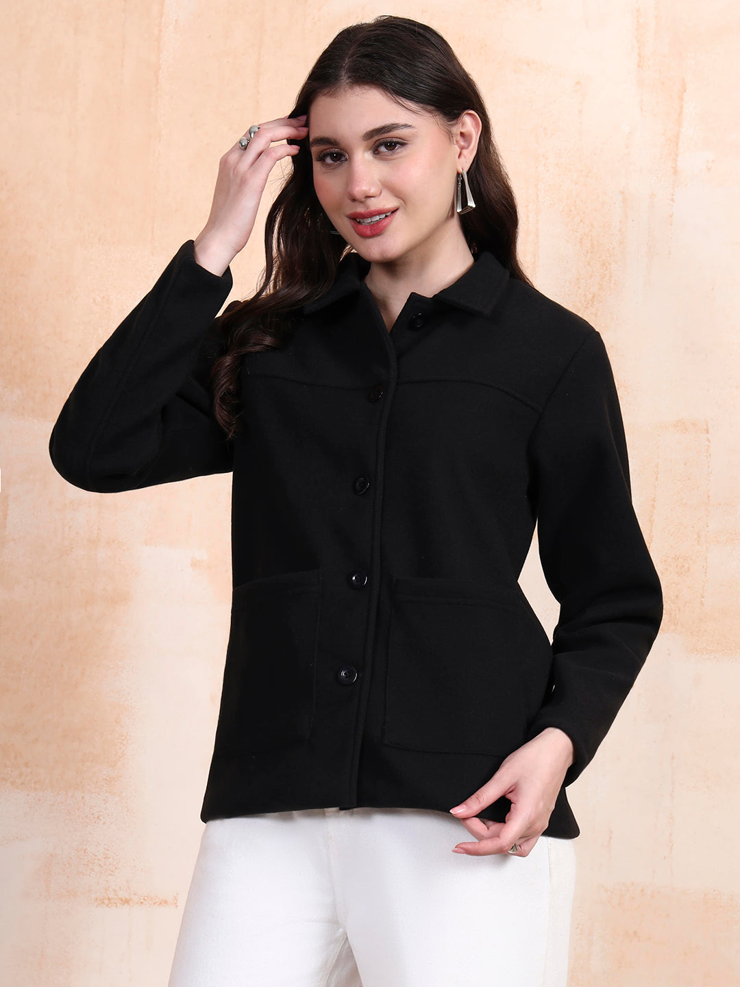 Solid Woven Tailored Jacket with Spread Collar and Pockets