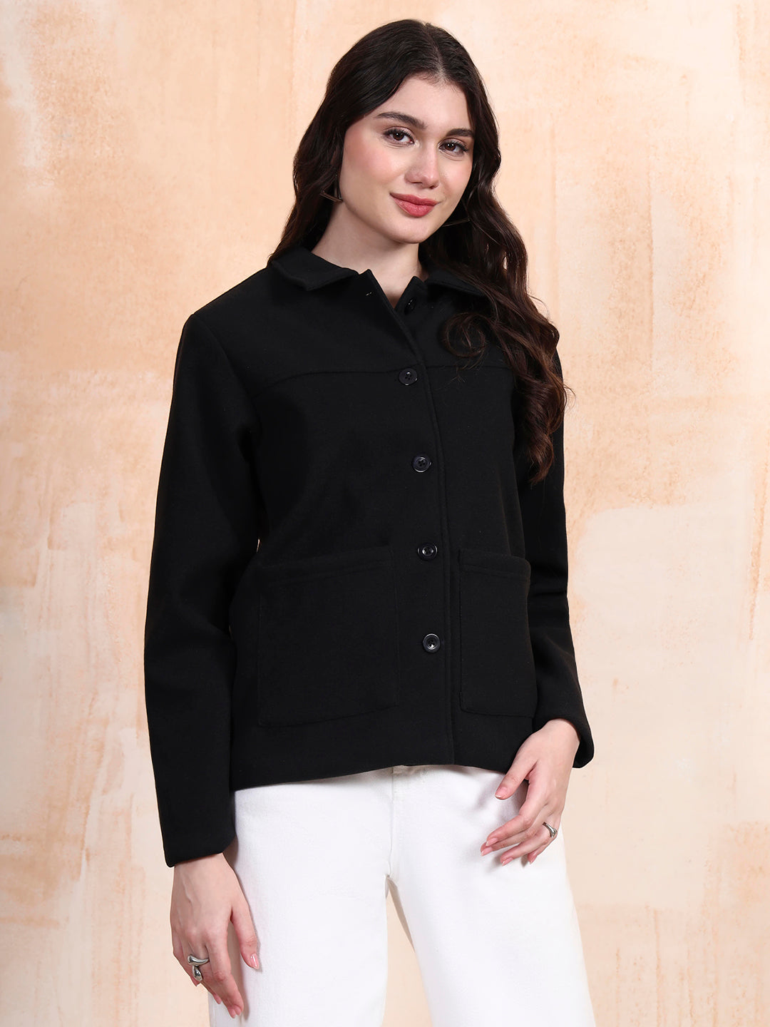Solid Woven Tailored Jacket with Spread Collar and Pockets