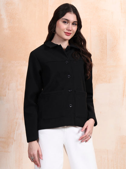 Solid Woven Tailored Jacket with Spread Collar and Pockets