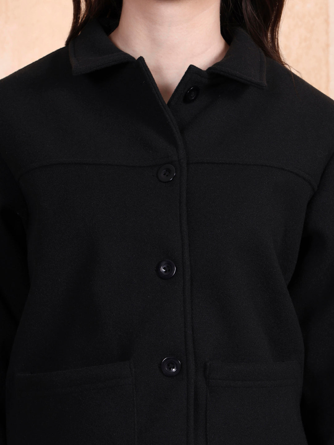 Solid Woven Tailored Jacket with Spread Collar and Pockets