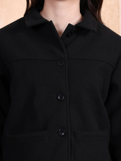 Solid Woven Tailored Jacket with Spread Collar and Pockets