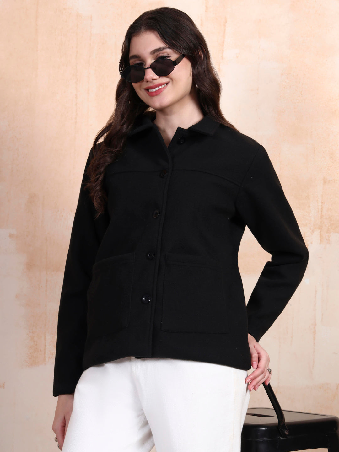 Solid Woven Tailored Jacket with Spread Collar and Pockets