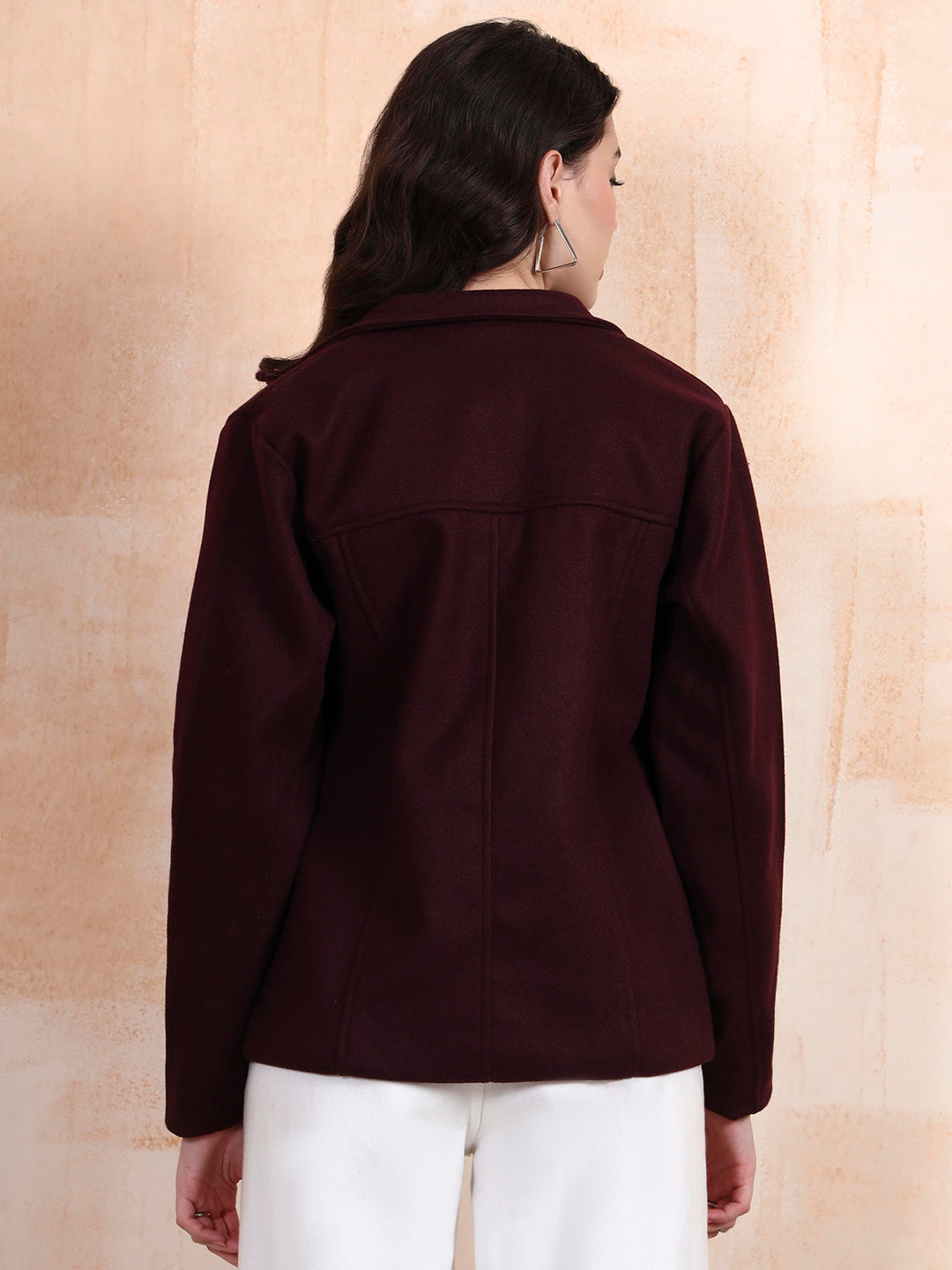 Solid Woven Tailored Jacket with Spread Collar and Pockets