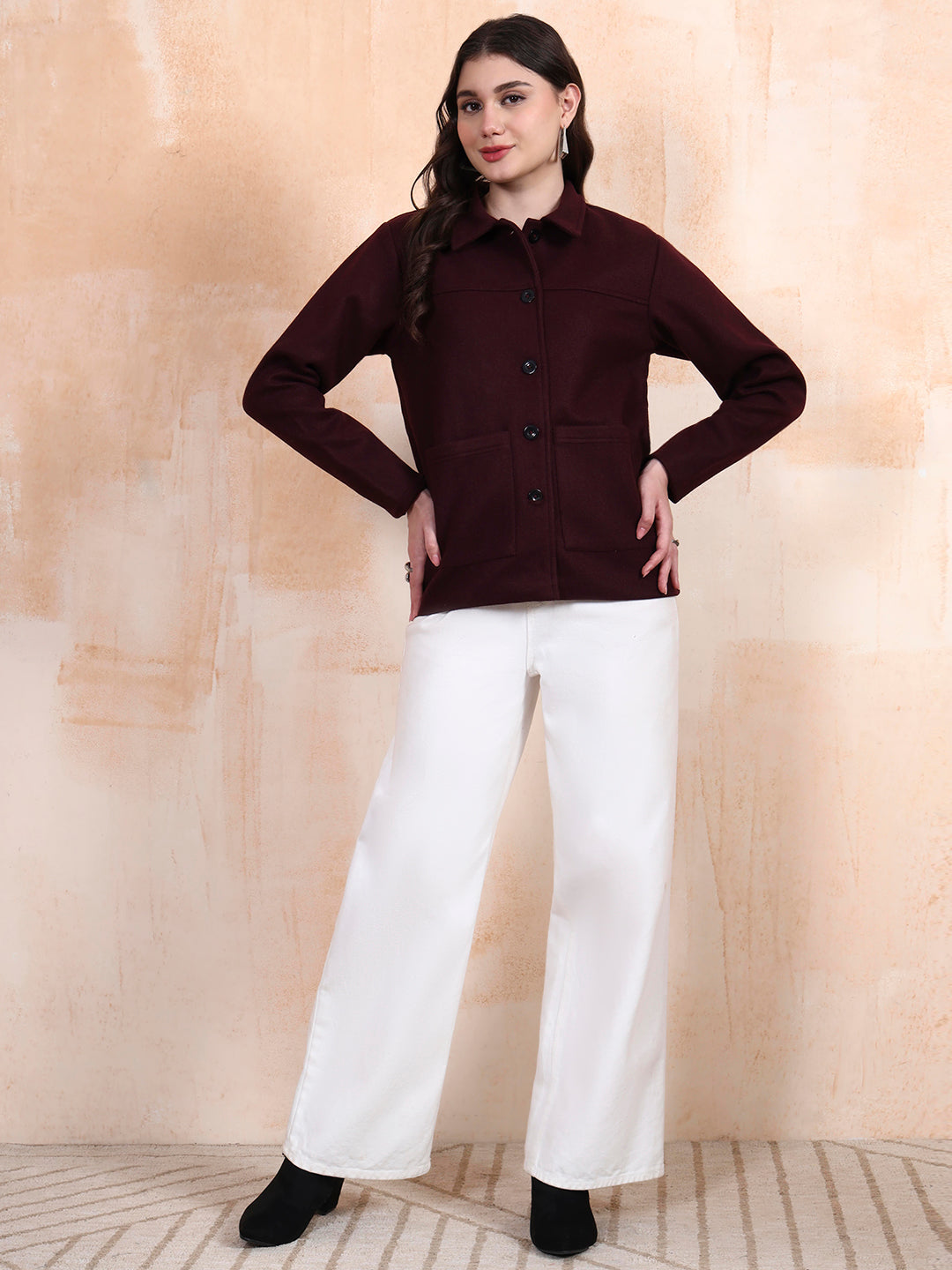 Solid Woven Tailored Jacket with Spread Collar and Pockets