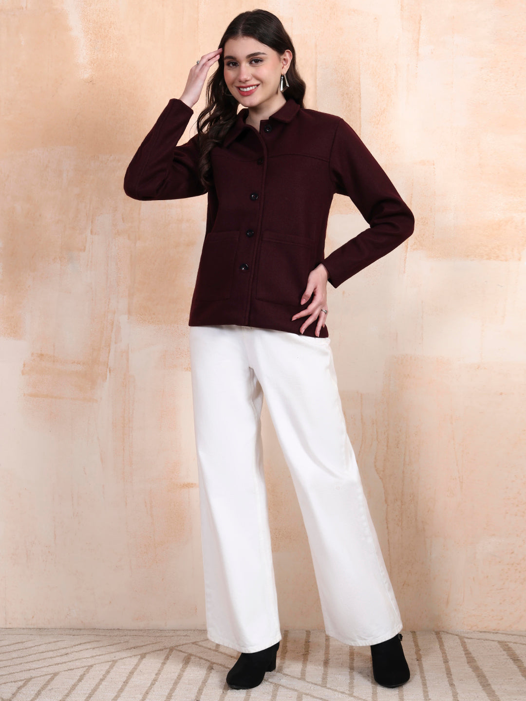 Solid Woven Tailored Jacket with Spread Collar and Pockets