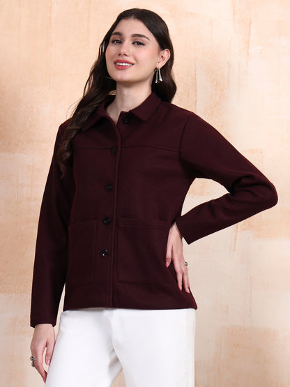 Solid Woven Tailored Jacket with Spread Collar and Pockets