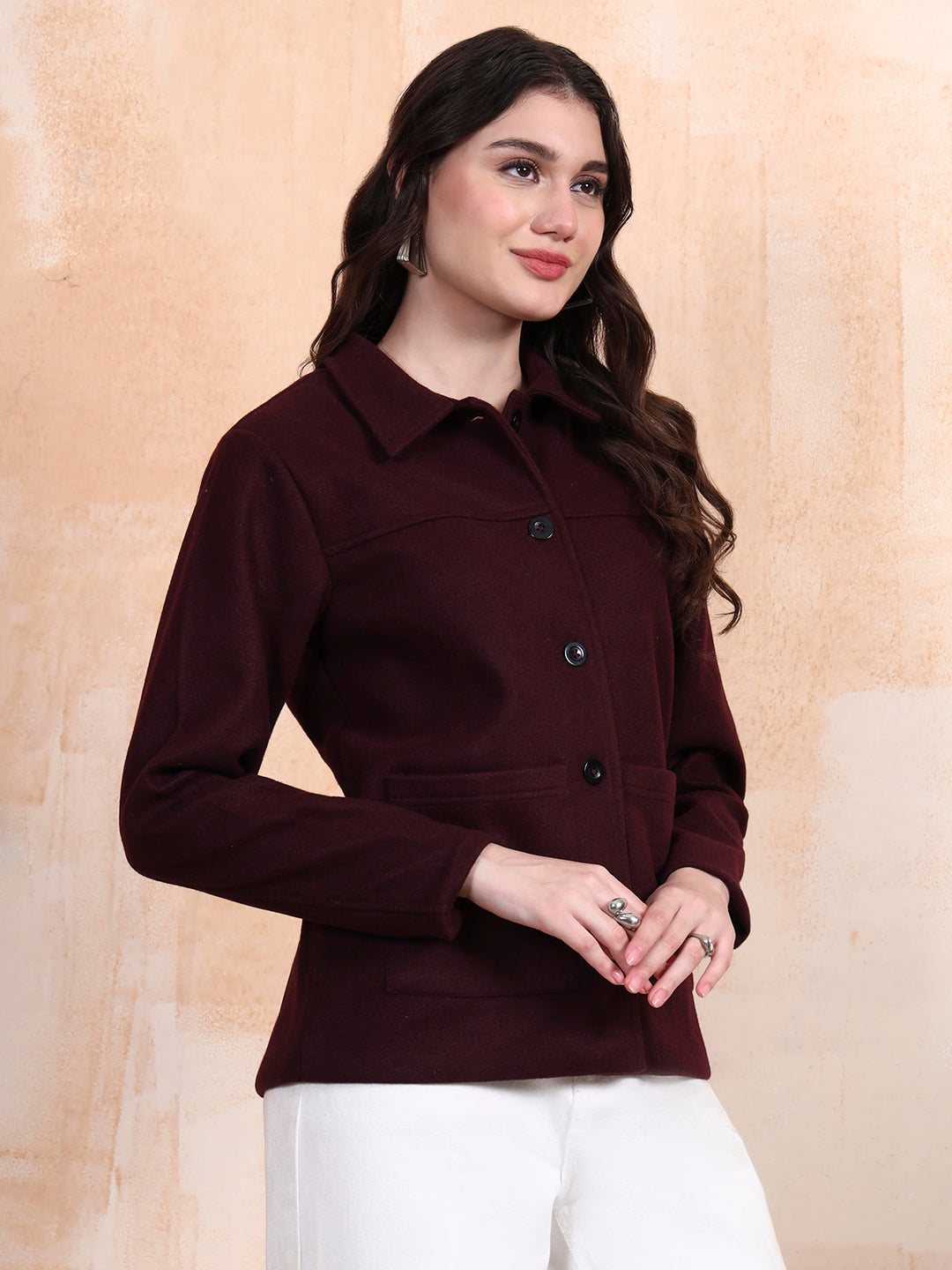 Solid Woven Tailored Jacket with Spread Collar and Pockets