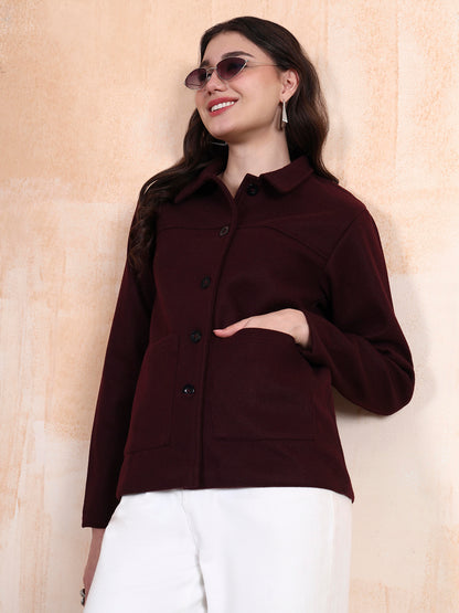 Solid Woven Tailored Jacket with Spread Collar and Pockets
