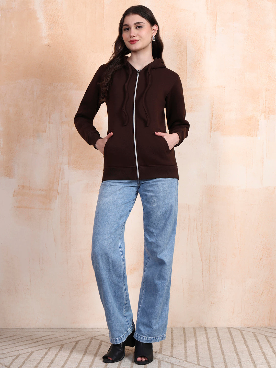 Solid Fleece-Lined Zip-Closure Hooded Sweatshirt with Pockets