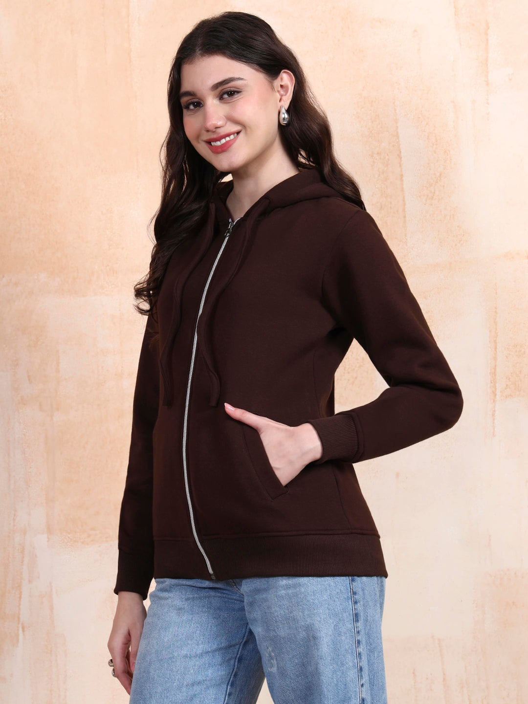 Solid Fleece-Lined Zip-Closure Hooded Sweatshirt with Pockets