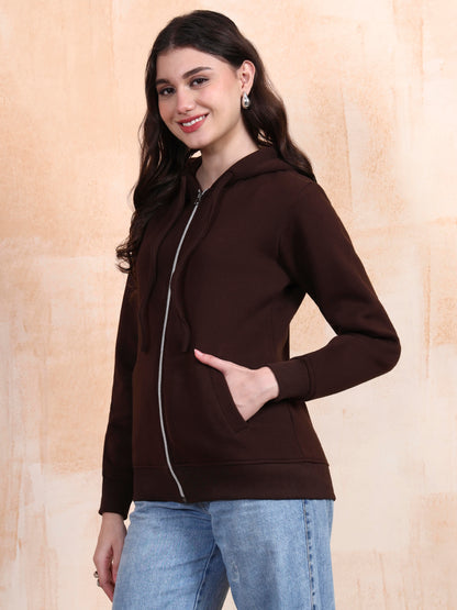 Solid Fleece-Lined Zip-Closure Hooded Sweatshirt with Pockets