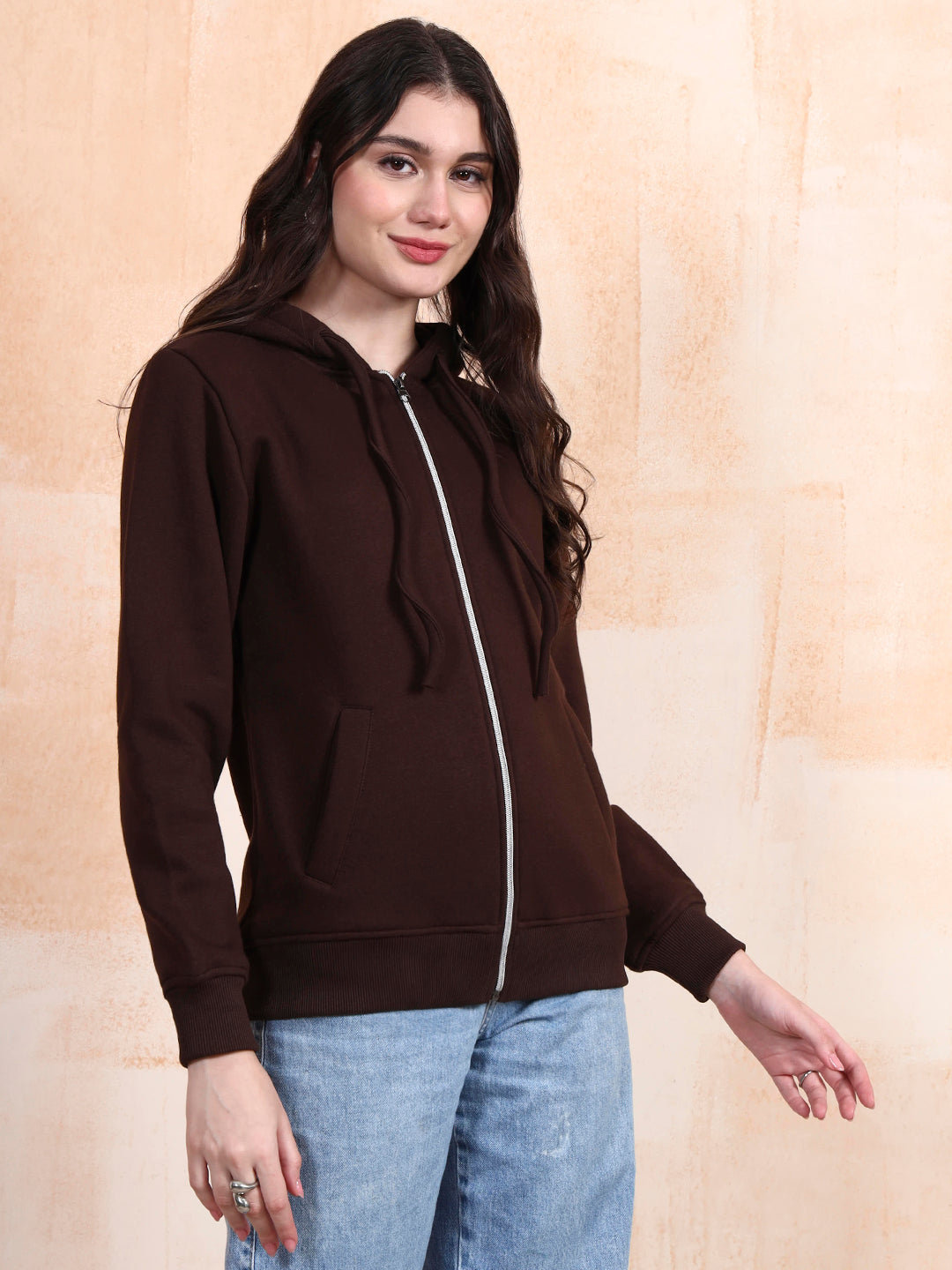 Solid Fleece-Lined Zip-Closure Hooded Sweatshirt with Pockets