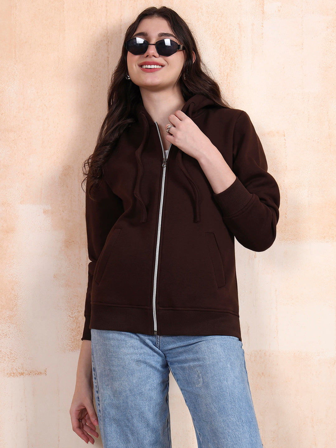 Solid Fleece-Lined Zip-Closure Hooded Sweatshirt with Pockets