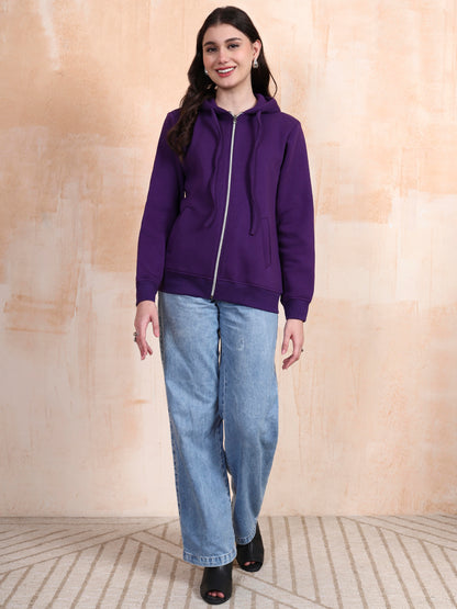 Solid Fleece-Lined Zip-Closure Hooded Sweatshirt with Pockets