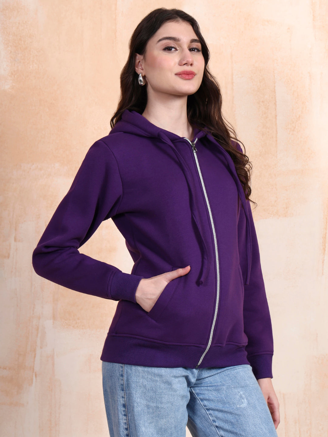 Solid Fleece-Lined Zip-Closure Hooded Sweatshirt with Pockets