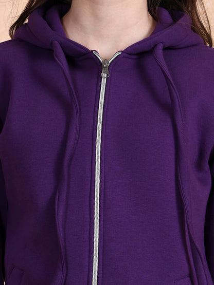 Solid Fleece-Lined Zip-Closure Hooded Sweatshirt with Pockets