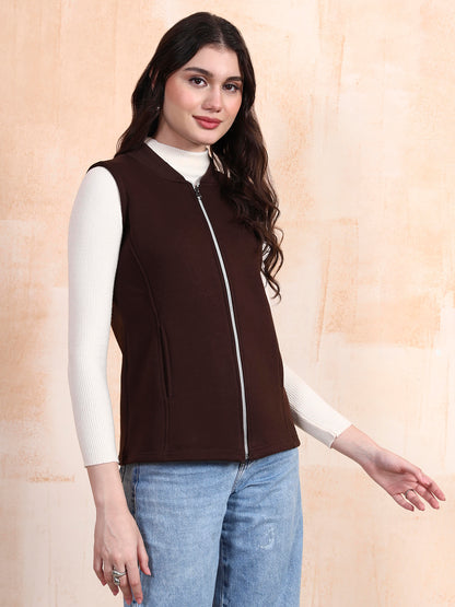 Henley Collar Sleeveless Fleece Zip Detail Tailored Jacket