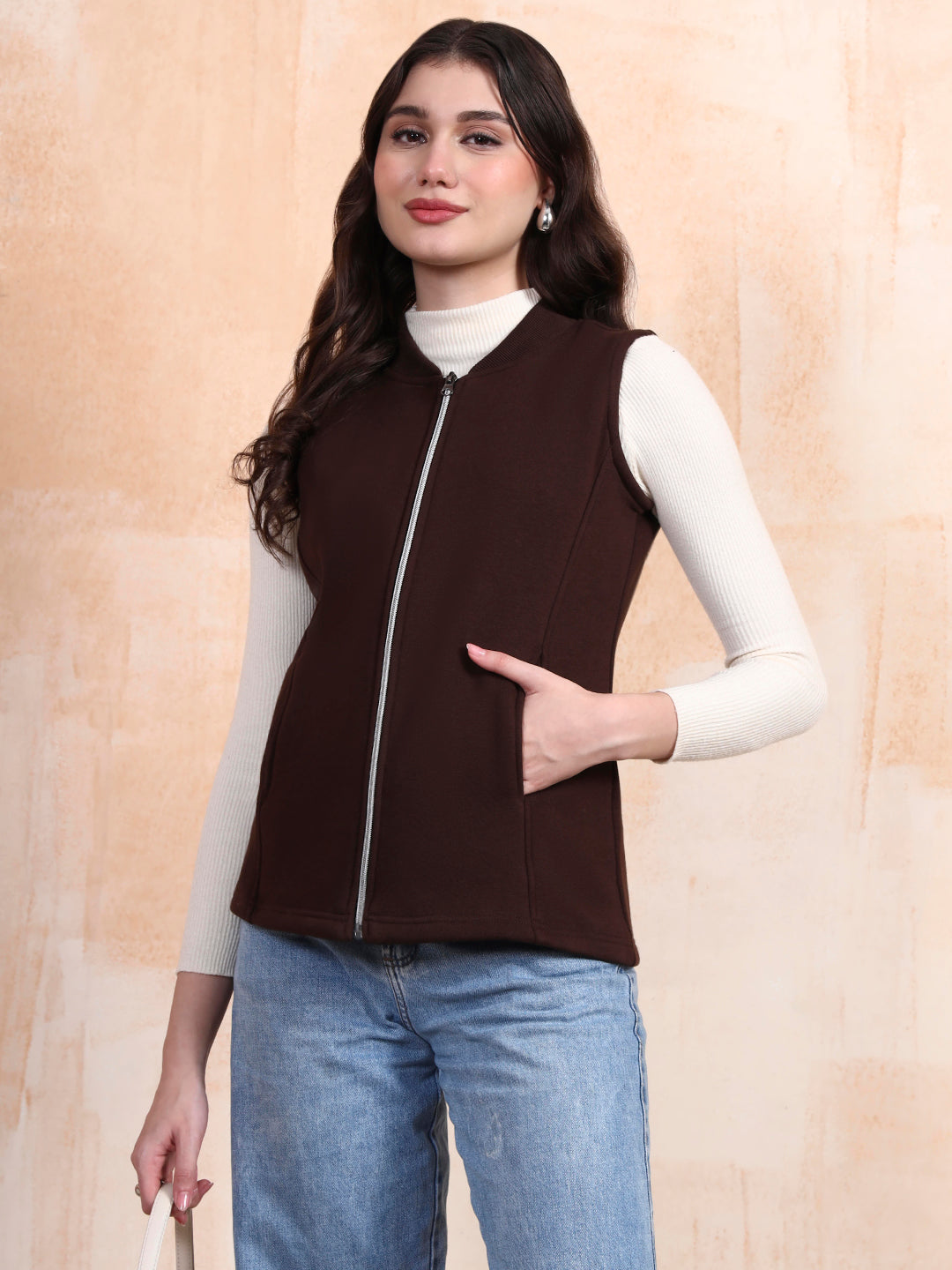 Henley Collar Sleeveless Fleece Zip Detail Tailored Jacket