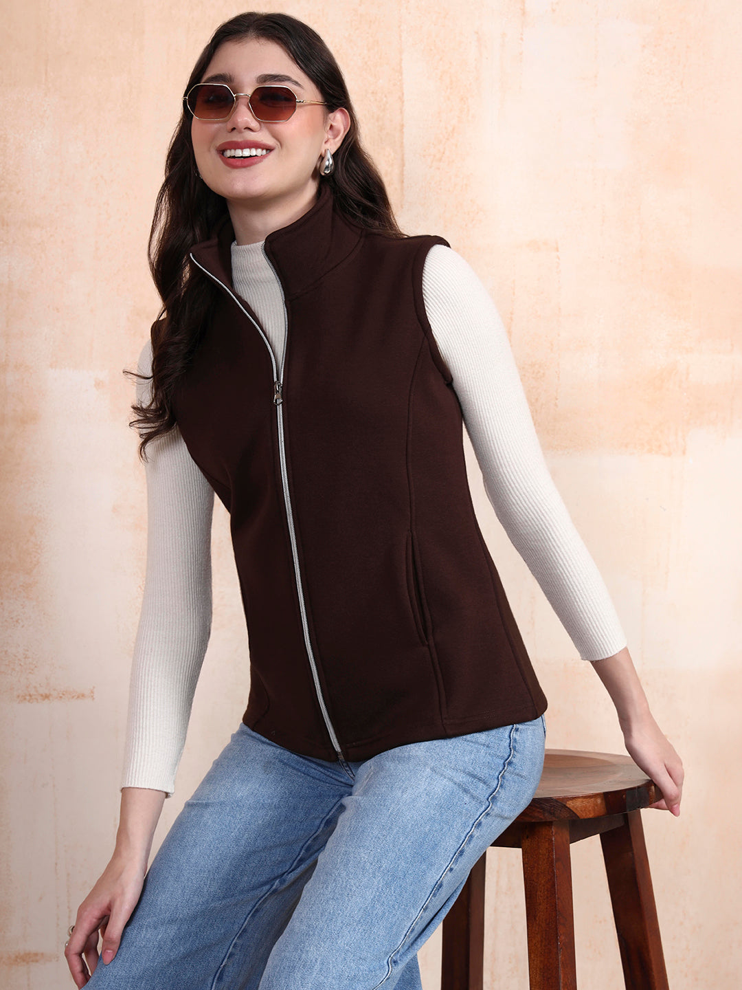 Solid Tailored Sleeveless Fleece Jacket