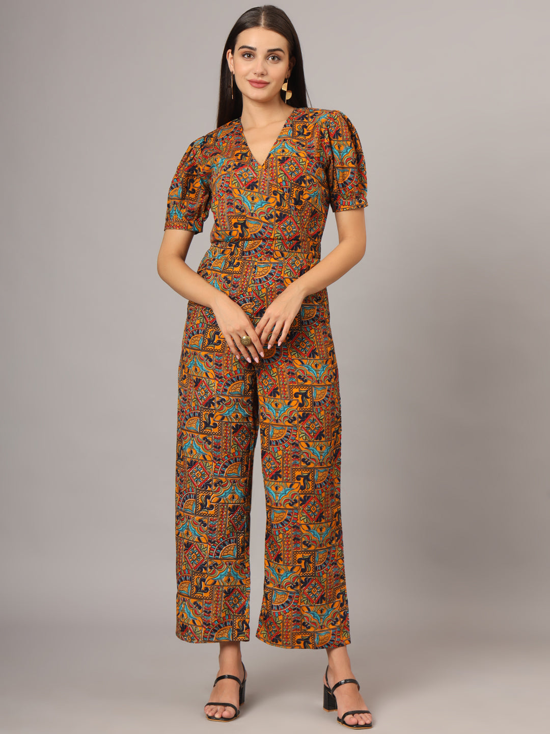 Printed V-Neck Basic Jumpsuit