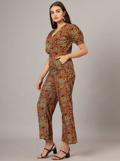 Printed V-Neck Basic Jumpsuit