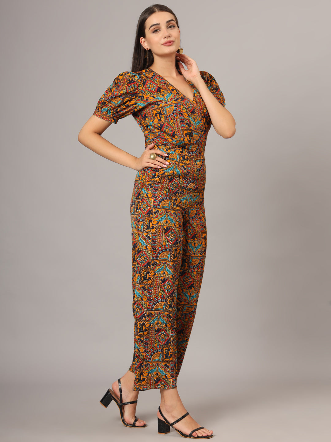 Printed V-Neck Basic Jumpsuit