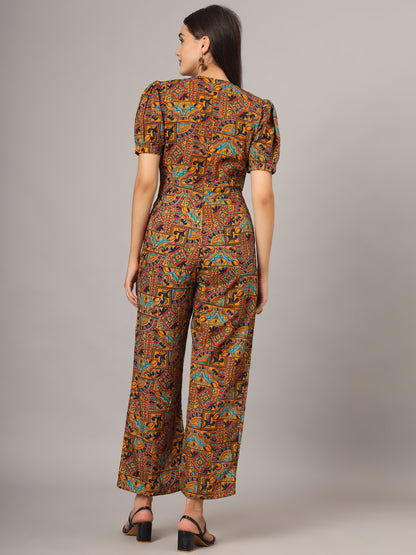 Printed V-Neck Basic Jumpsuit