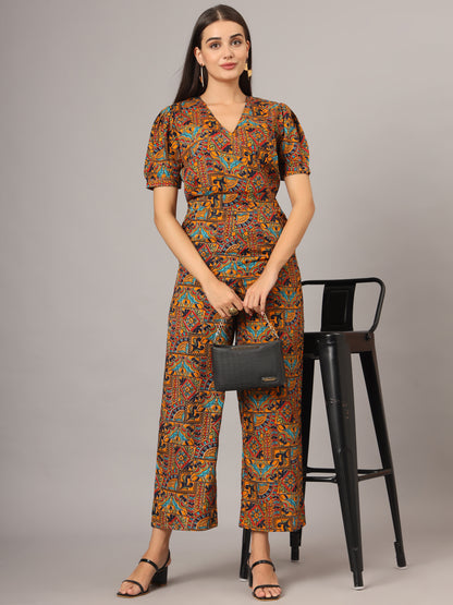 Printed V-Neck Basic Jumpsuit