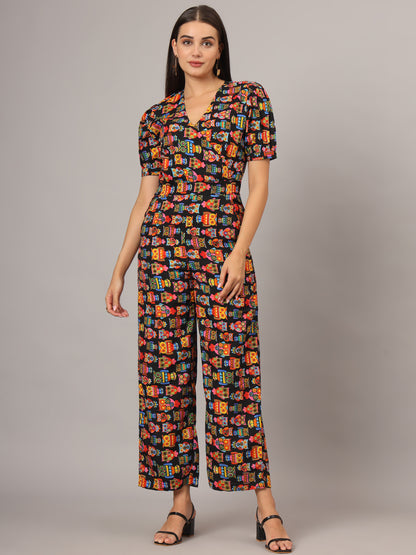 Printed V-Neck Basic Jumpsuit