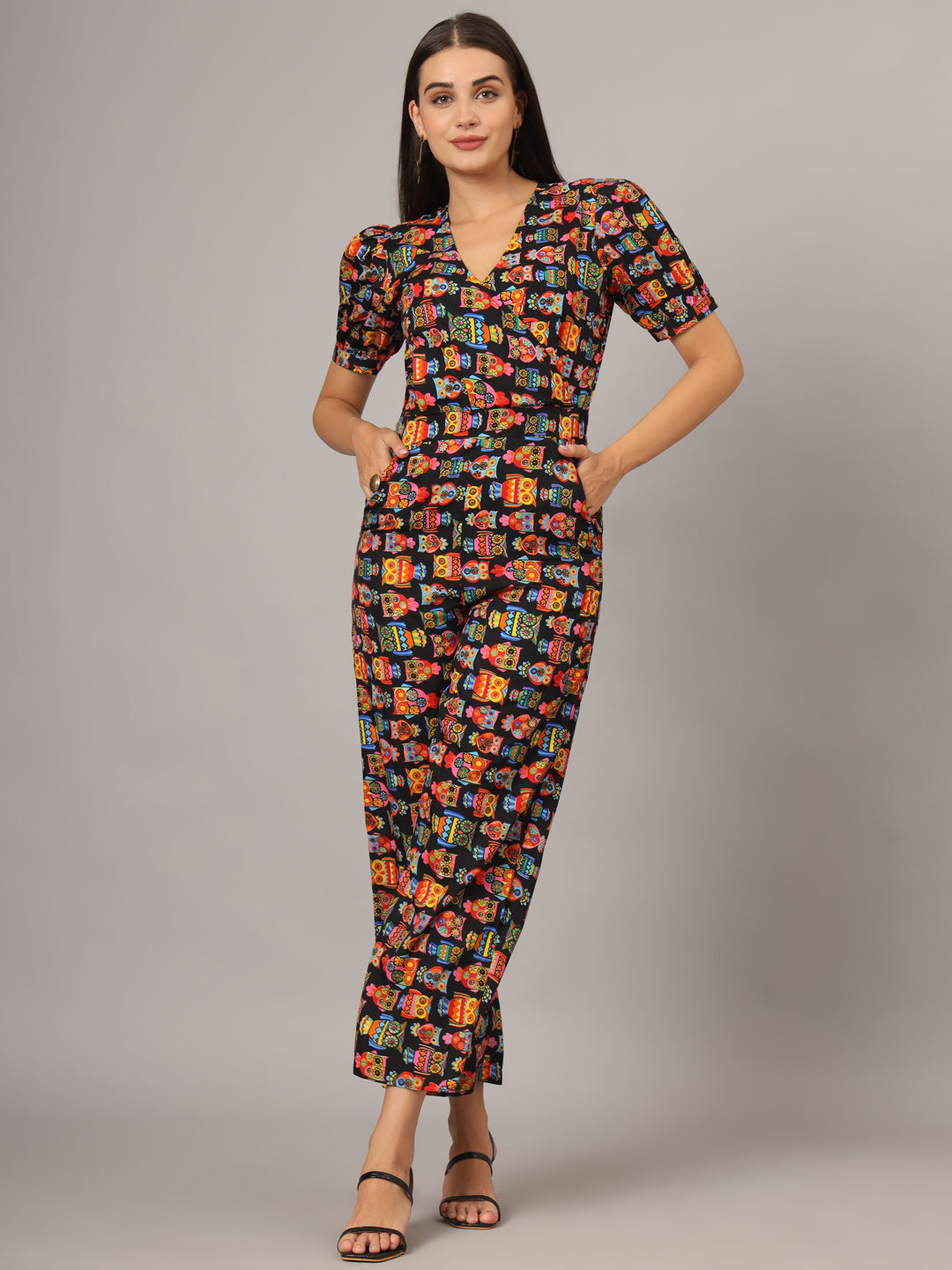 Printed V-Neck Basic Jumpsuit