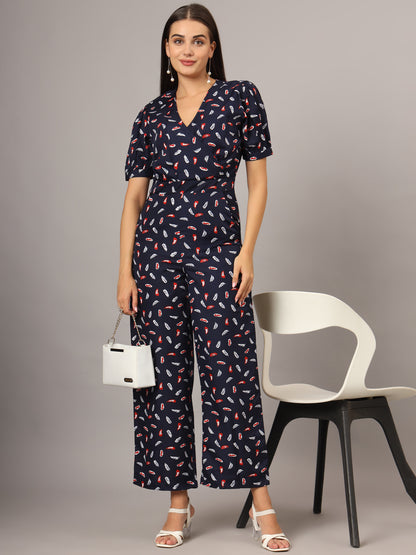 Printed V-Neck Basic Jumpsuit