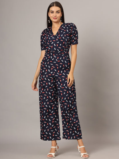 Printed V-Neck Basic Jumpsuit